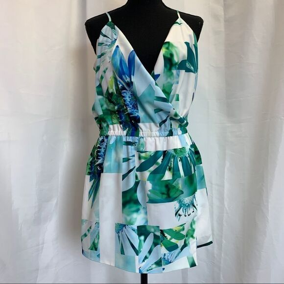 CECE by Cynthia Steffe tropical floral wrap romper blue green Sz 8 NWOT - Picture 4 of 13